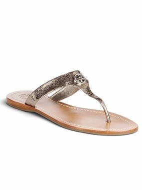 Tory Burch Metal Luna Mirror Craquelee Leather Cameron Thong Sandals Size 7